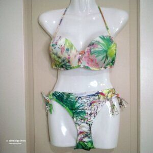 Raisins Beach Screen Padded Push-up Convertible Halter Top String Bikini NWT L